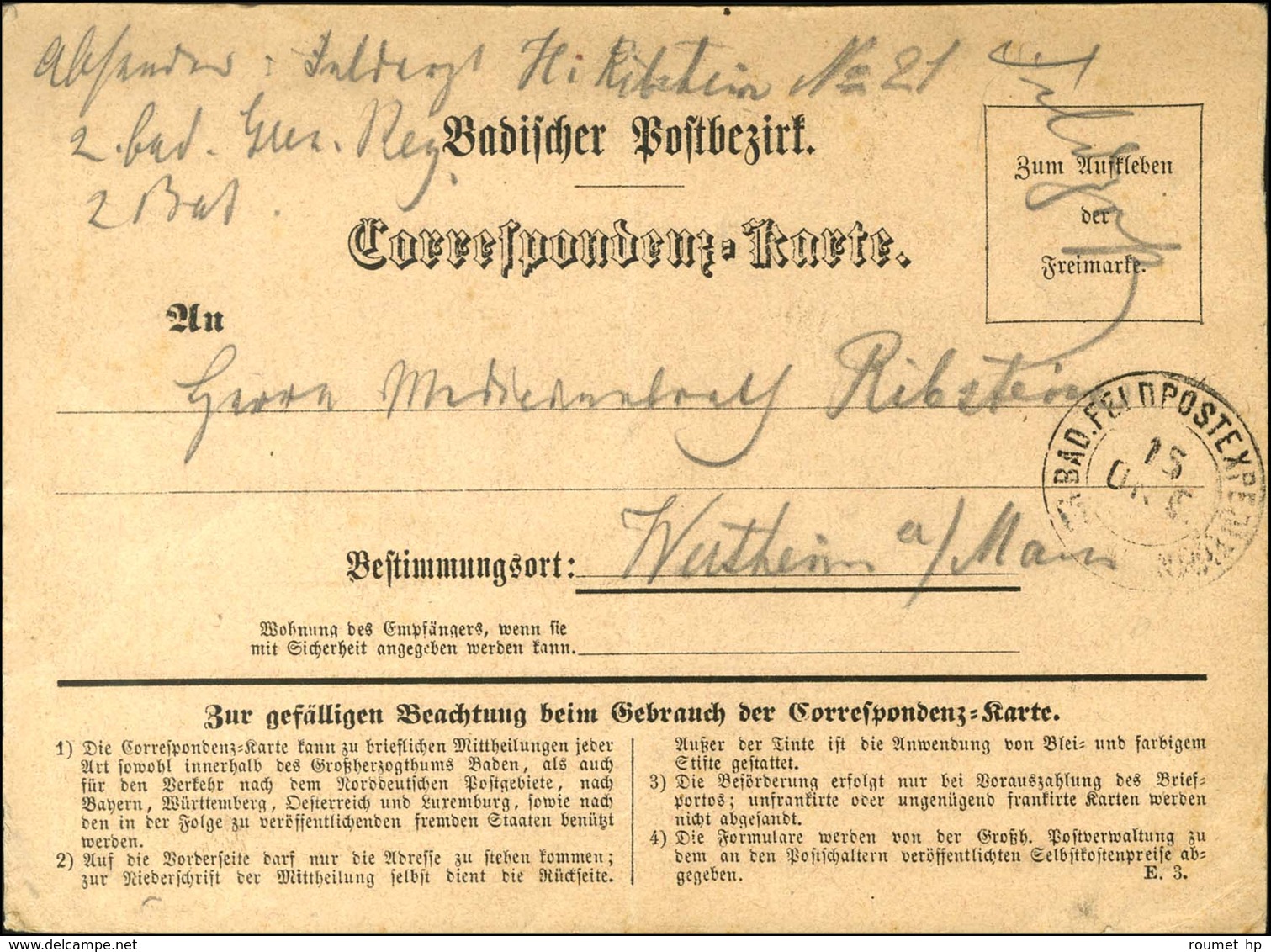 Càd BAD.FELDPOSTEXPEDITION Sur Carte De Correspondance Datée D'Epinal Le 13 Décembre 1870 Pour Wertheim. - TB. - R. - Guerra Del 1870