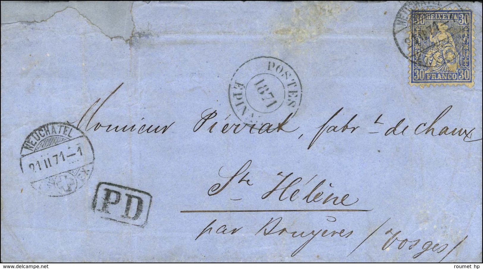 Càd NEUCHATEL / Suisse 30c. Sur Lettre Pour Ste Hélène Par Bruyères, Au Recto Cachet Provisoire POSTES / 1871 / EPINAL.  - Oorlog 1870