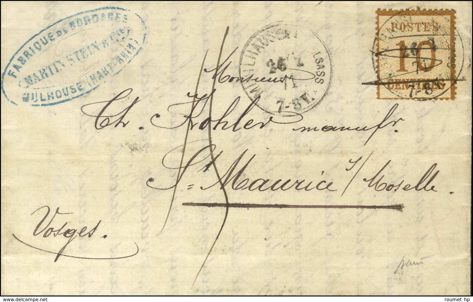 Càd MUHLHAUSEN / Als. N° 5 Sur Lettre Pour St Maurice Sur Moselle, Timbre Annulé Plume Et Taxe 15, Au Verso Càd D'arrivé - War 1870