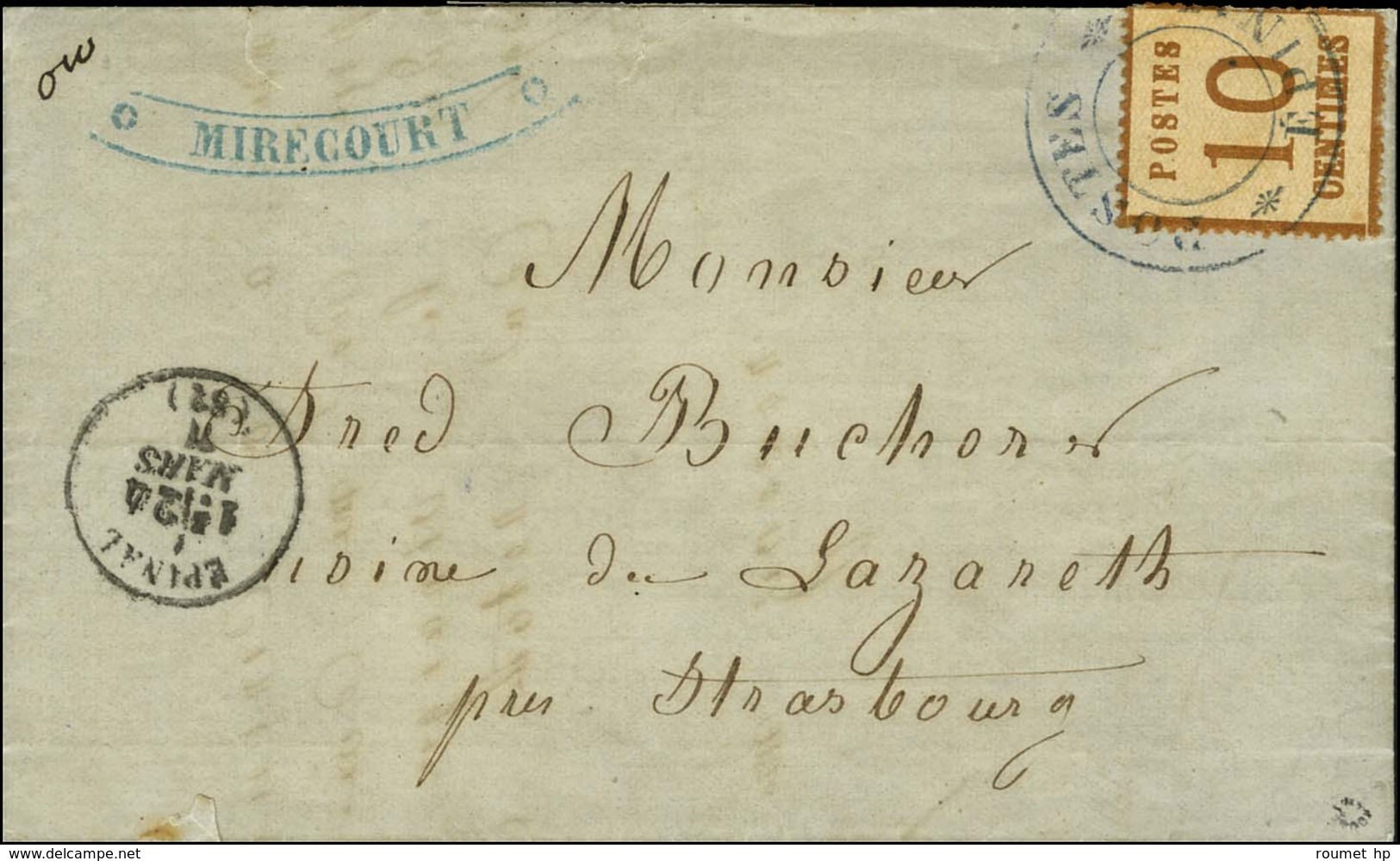 Grand Cachet POSTES / EPINAL / Als. N° 5 Sur Lettre Avec Cachet Provisoire MIRECOURT Pour Strasbourg, Au Recto Càd T 16  - War 1870