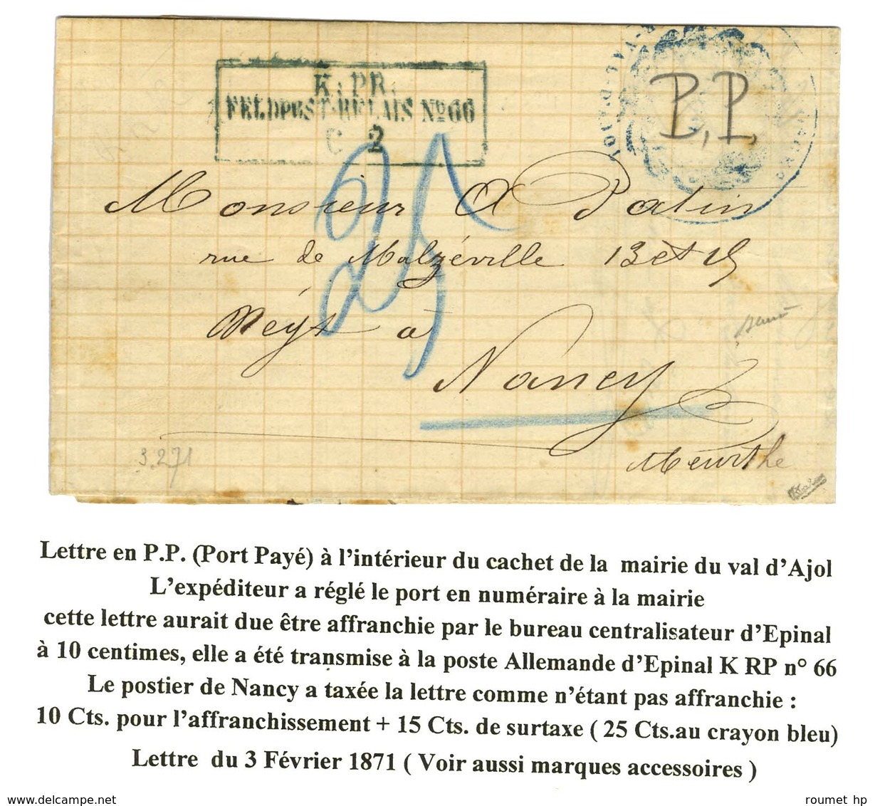 Cachet Encadré K:PR / FELDPOST-RELAIS N°66 + '' P.P. '' Manuscrit à L'intérieur Du Cachet De La Mairie Du Val D'Ajol Pou - Oorlog 1870