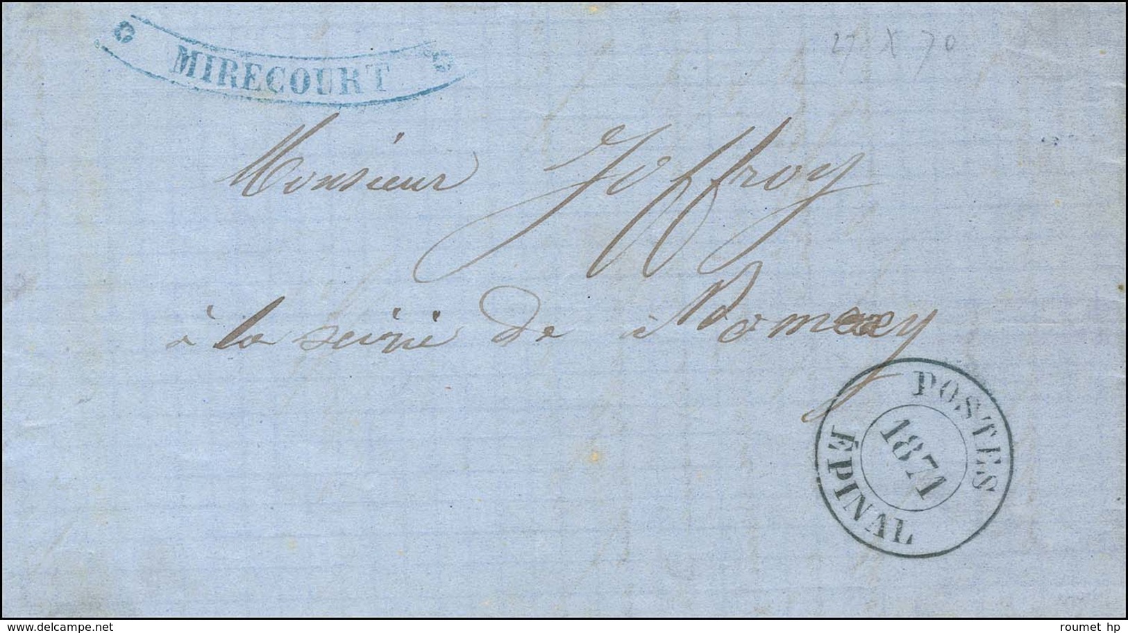 Cachet De Fortune Bleu * MIRECOURT * Sur Lettre Avec Texte Daté Du 27 Octobre 1870 Affranchie En Numéraire Pour Nomexy.  - Guerra Del 1870