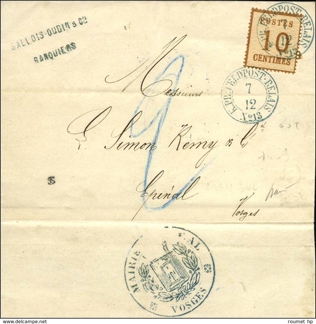 Càd Bleu KPR FELDPOST RELAIS / N° 13 / Alsace N° 5 Sur Lettre De Bar Le Duc Pour Epinal. Au Verso, Grand Cachet Bleu De  - Guerra De 1870