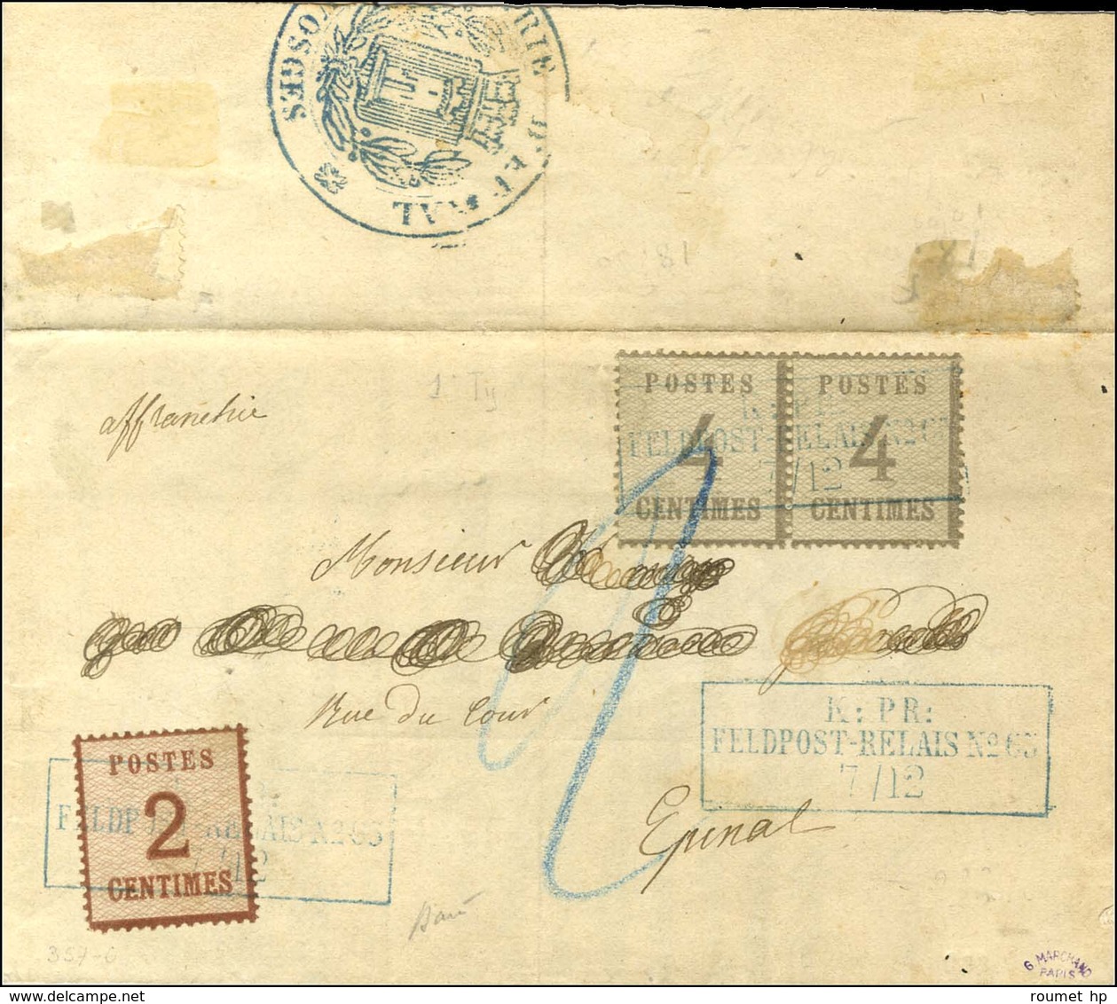 Cachet Encadré Bleu K:PR / FELDPOST-RELAIS N°65 / Als. N° 2 + 3 Paire Sur Lettre Avec Texte Daté Igney Le 3 Décembre 187 - War 1870