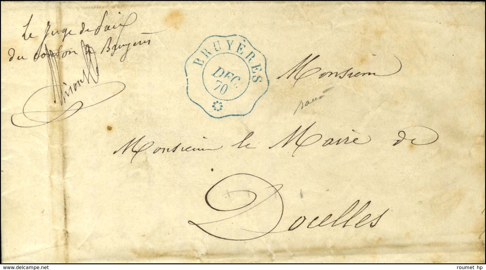 Cachet Bleu Télégraphique BRUYERES / * DEC 70 Sur Lettre Avec Texte Daté De Bruyeres Le 29 Novembre 1870 Adressée En Fra - Oorlog 1870