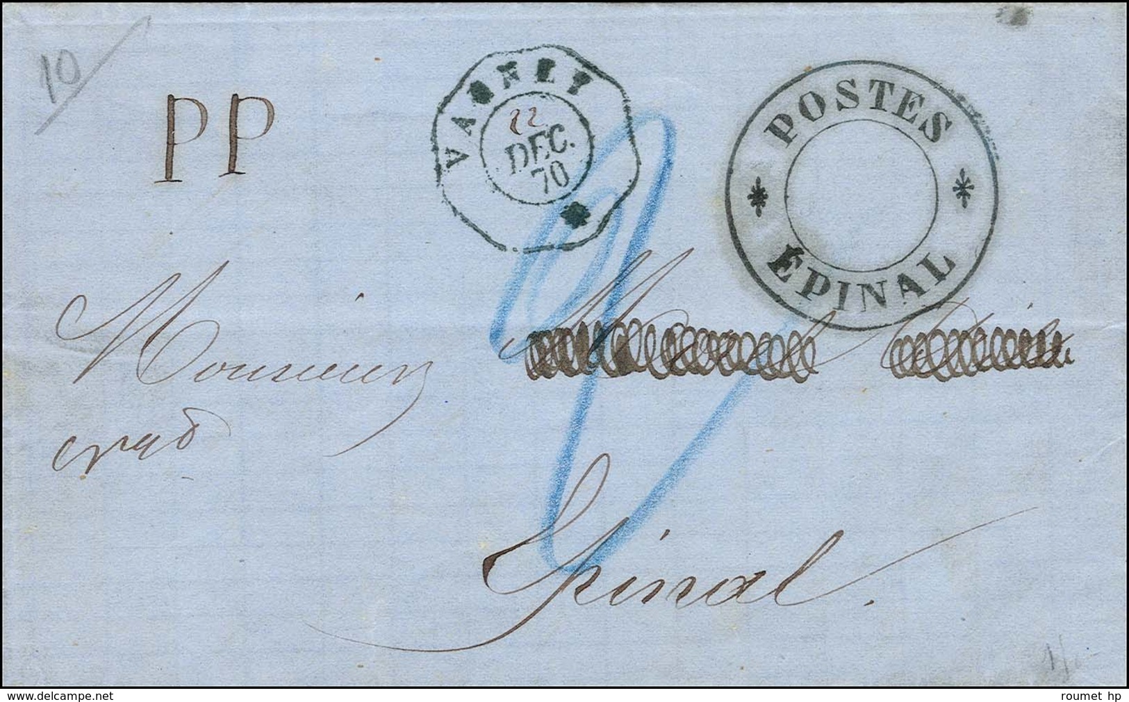 Cachet Télégraphique Bleuté VAGNEY * 22 DEC. 1870 + P.P. (manuscrit) Sur Lettre Avec Texte Pour Epinal. Au Recto, Cachet - War 1870