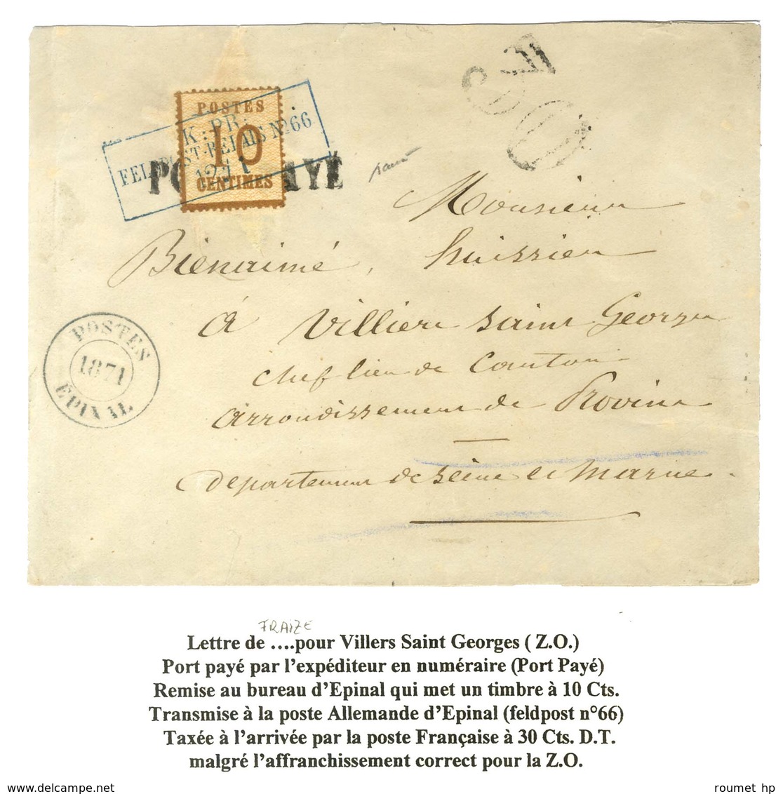 Cachet Encadré Bleu KPR / FELDPOST RELAIS N° 66 / Alsace N° 5. Sous Le Timbre, Griffe PORT PAYE Sur Lettre De Fraize Pou - Oorlog 1870