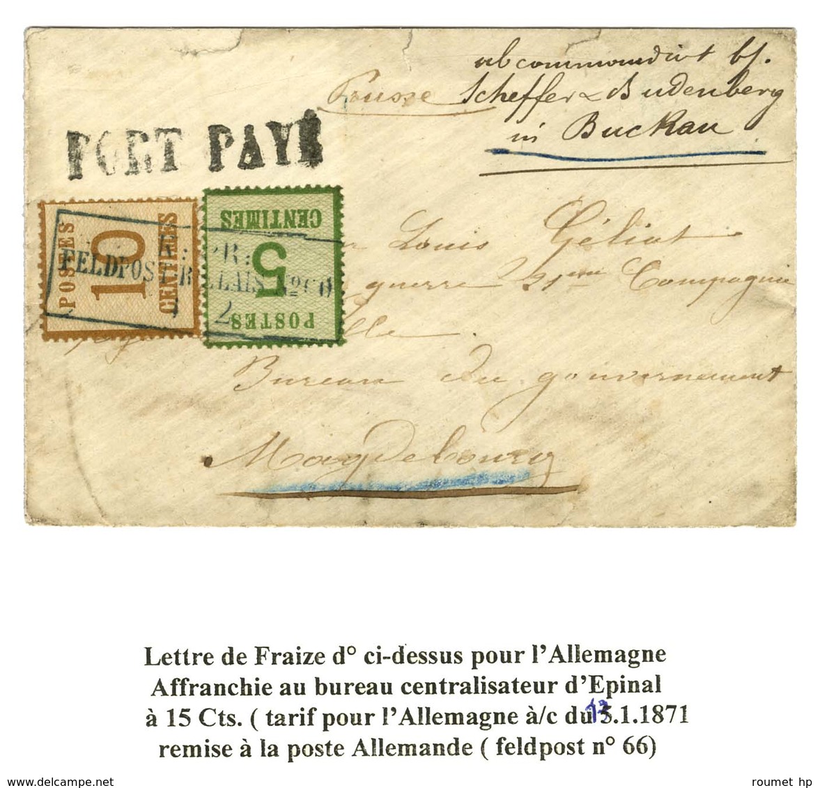 Cachet Encadré Bleu KPR / FELDPOST RELAIS N° 66 / Alsace N° 4 + 5 Sur Lettre De Fraize Pour Un Prisonnier De Guerre à Ma - War 1870