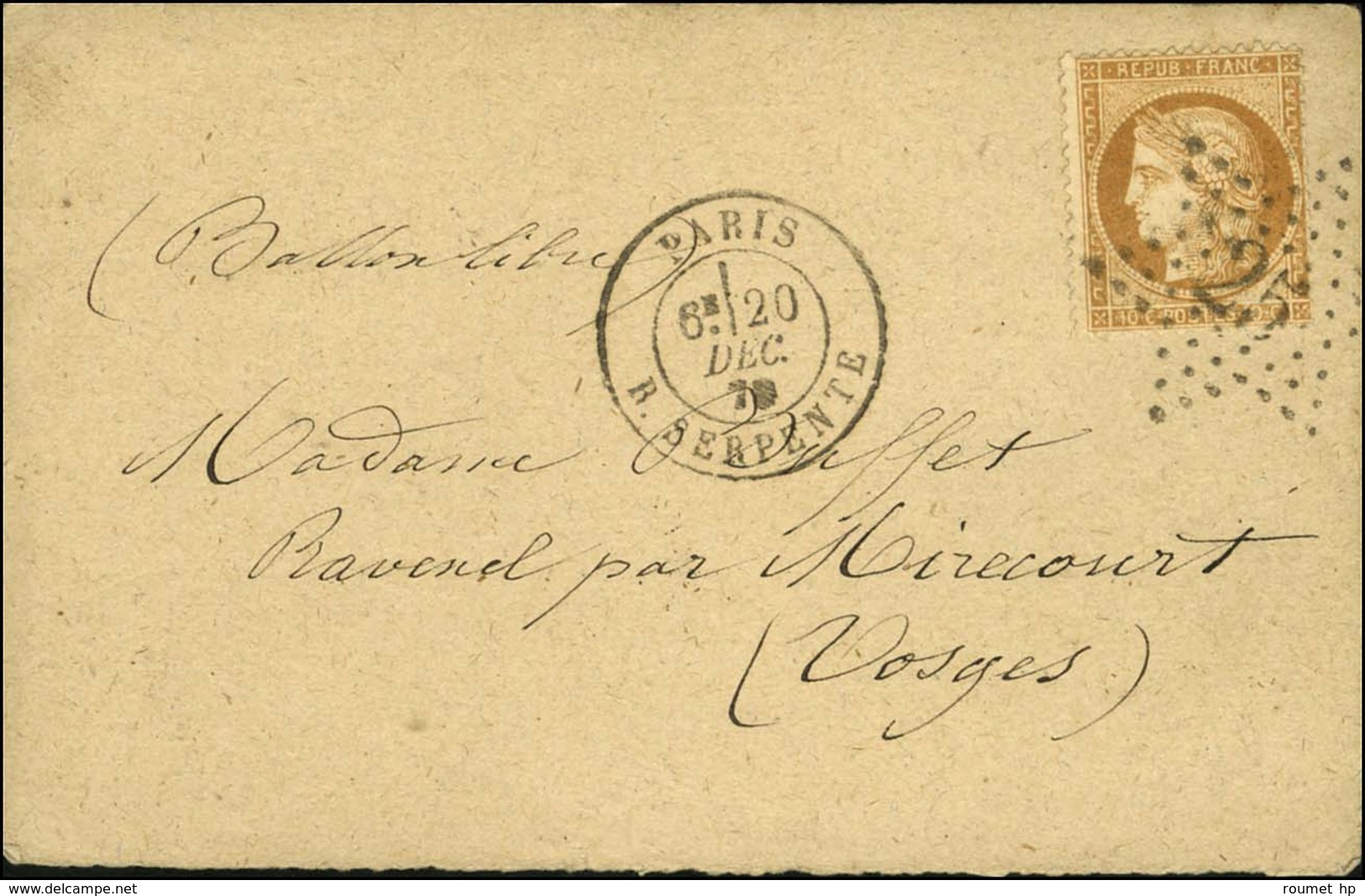 Etoile 25 / N° 36 Càd PARIS / R. SERPENTE 20 DEC. 70 Sur Carte Pour Mirecourt. Au Verso, Càd D'arrivée (date Illisible). - War 1870