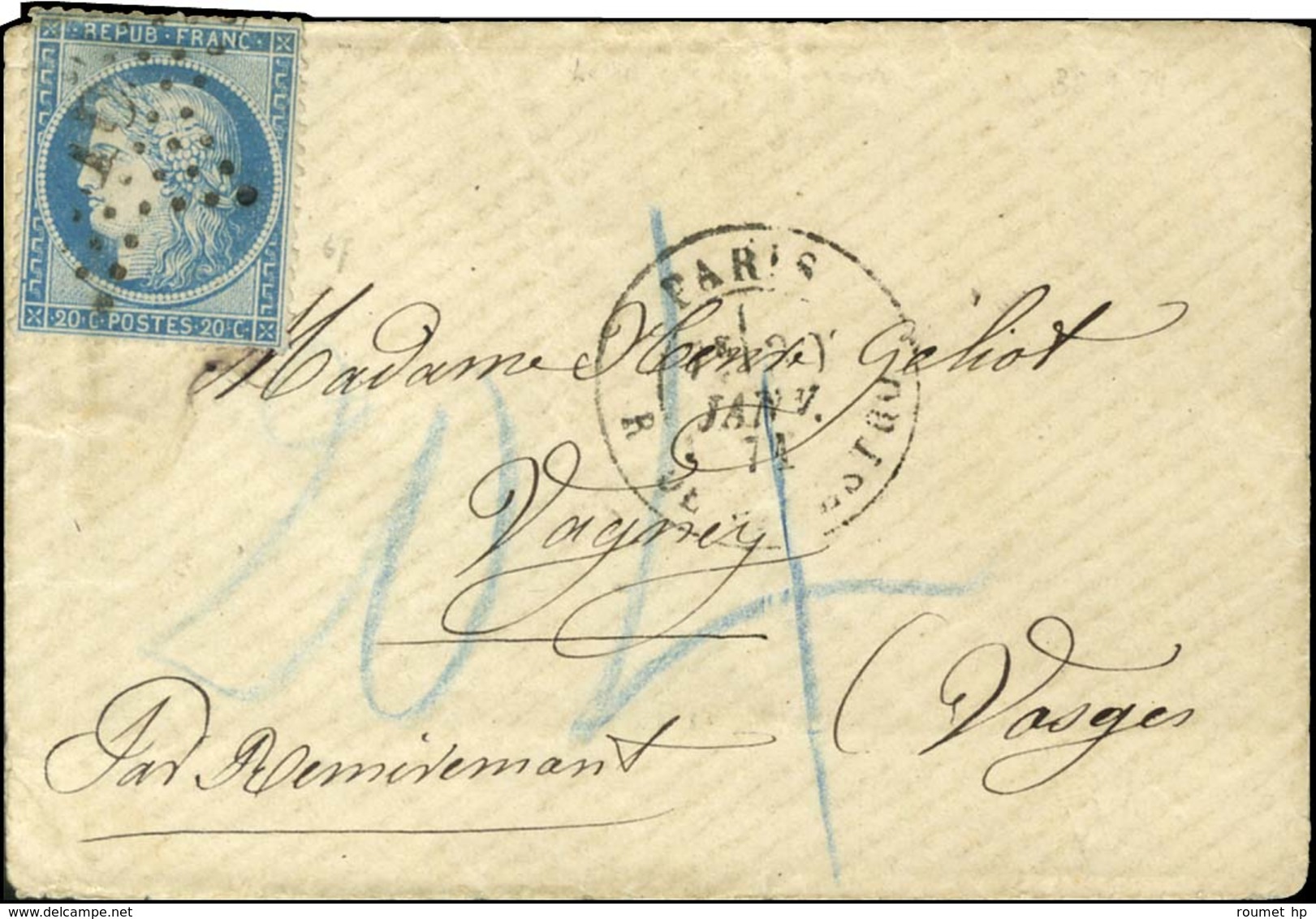 Etoile 16 / N° 37 Càd PARIS / R. DE PALESTRO 30 JANV. 71 Sur Lettre Pour Vagney. Au Recto, Taxe 20 Et 4 Au Crayon Bleu.  - War 1870