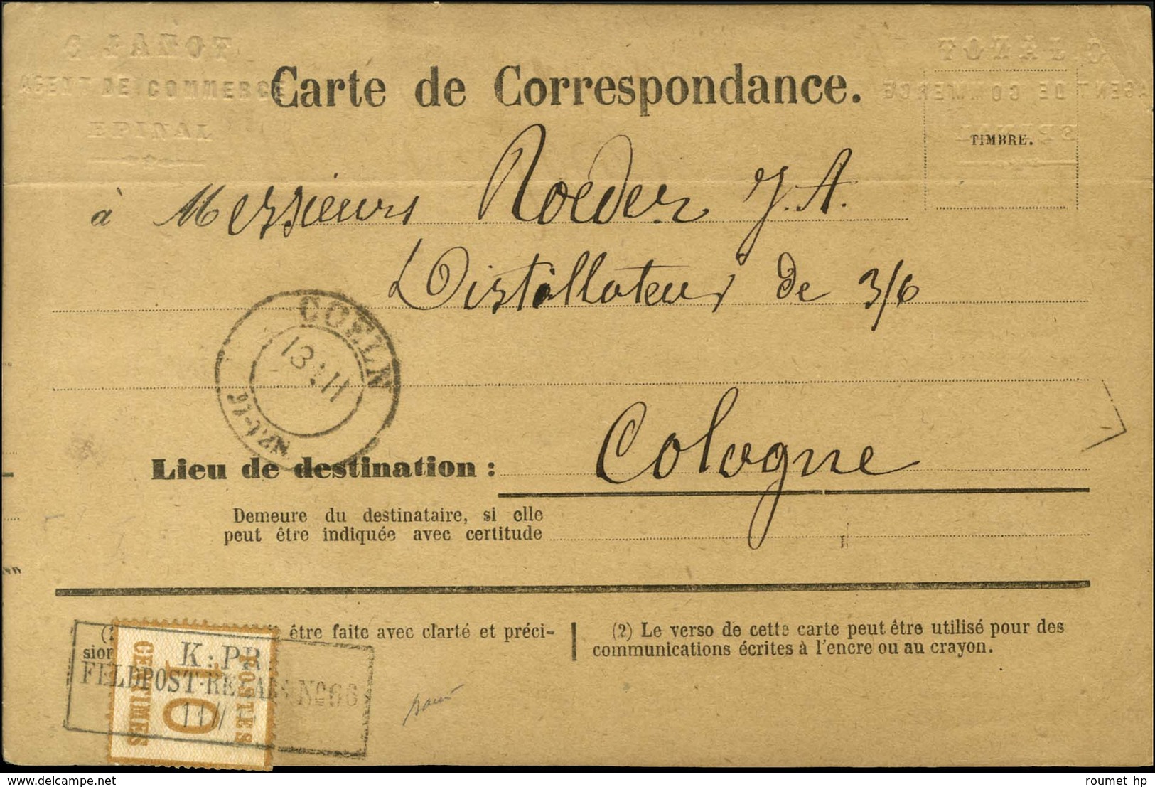 Cachet Encadré KPR / FELDPOST N° 66 / Alsace N° 5 Sur Carte De Correspondance D'Epinal Pour Cologne. - TB / SUP. - R. - Guerra Del 1870