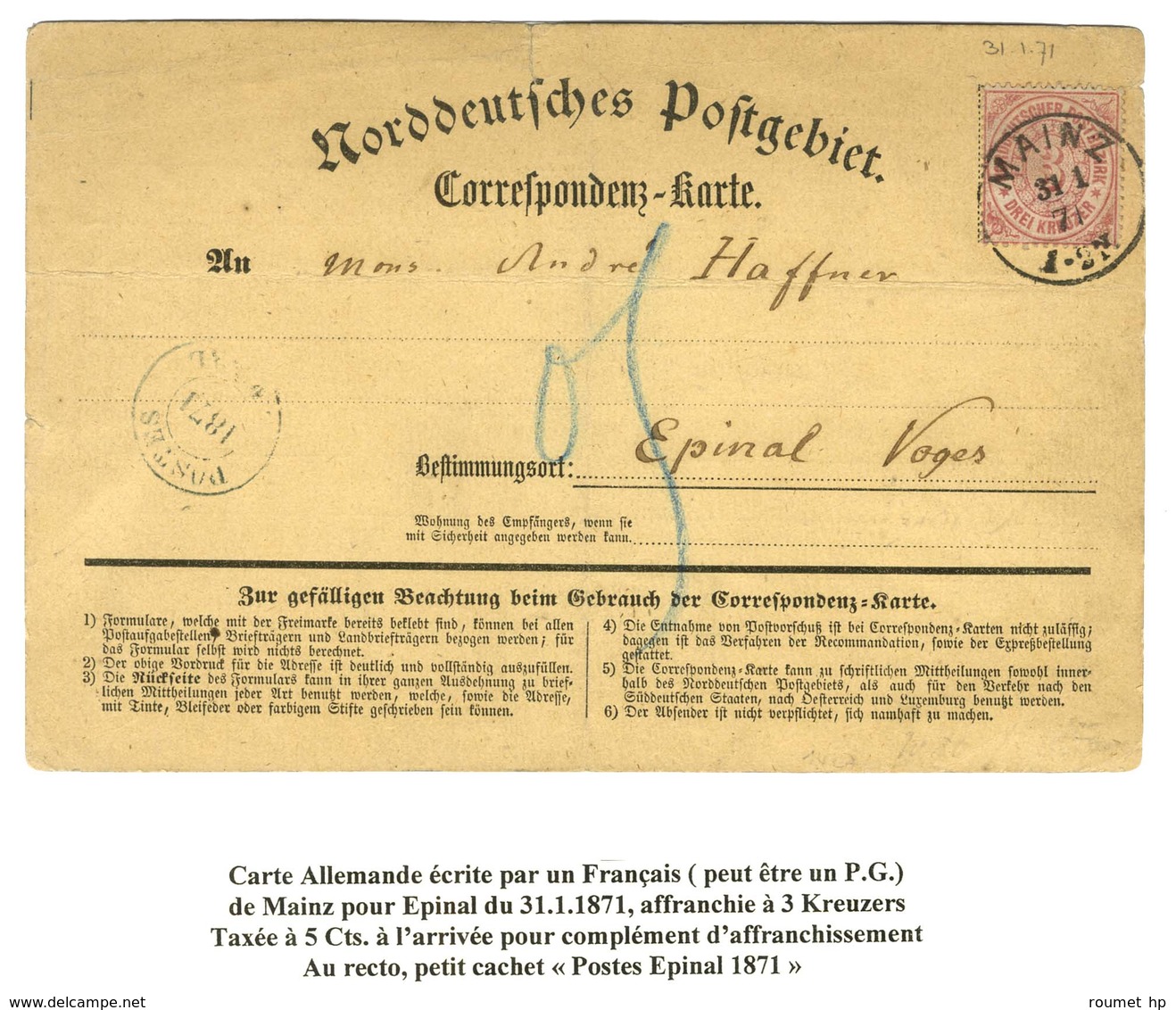 Càd MAINZ / Allemagne 3k Sur Carte De Correspondance Pour Epinal Datée Du 31 Janvier 1871. Au Recto, Cachet Provisoire P - Oorlog 1870