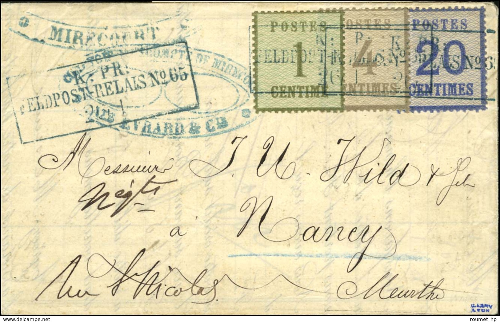 Cachet Encadré Bleu KPR / FELDPOST RELAIS N° 65 / Alsace N° 1 + 3 + 6 Sur Lettre Avec Texte Daté De Mirecourt Le 23 Janv - War 1870