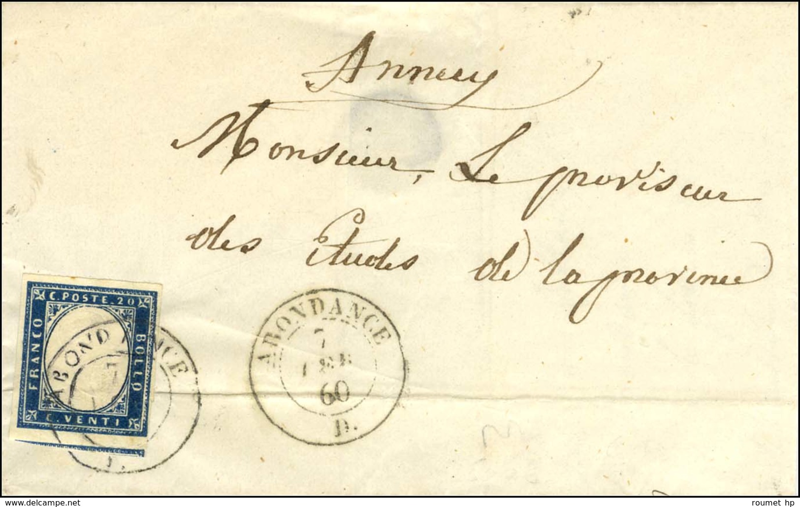 Càd ABONDANCE / D / Sardaigne N° 12 (pli) Sur Lettre Pour Annecy. 1860. - TB. - R. - 1849-1876: Periodo Clásico