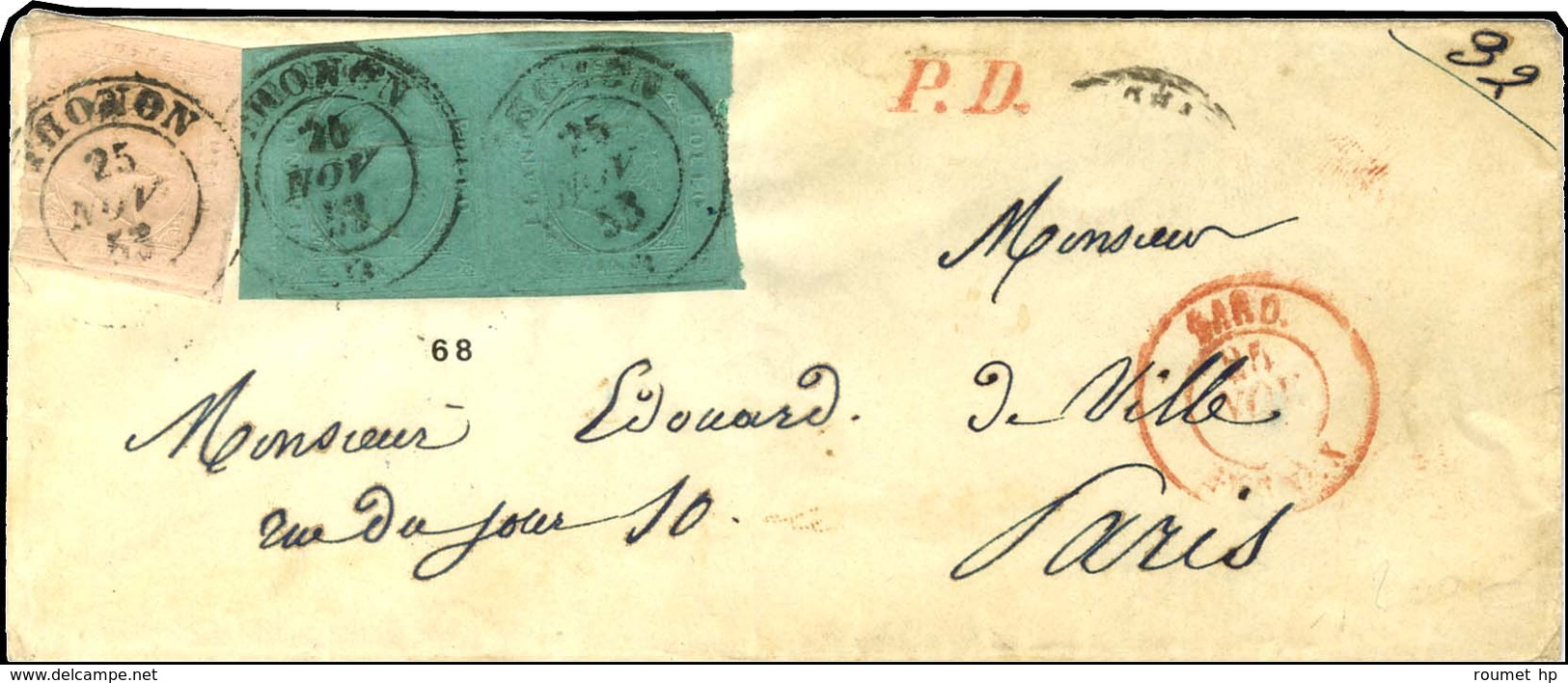 Càd THONON / * / Sardaigne N° 4 (2) + 6 (def) Sur Lettre Pour Paris. 1853. - TB. - R. - 1849-1876: Klassieke Periode