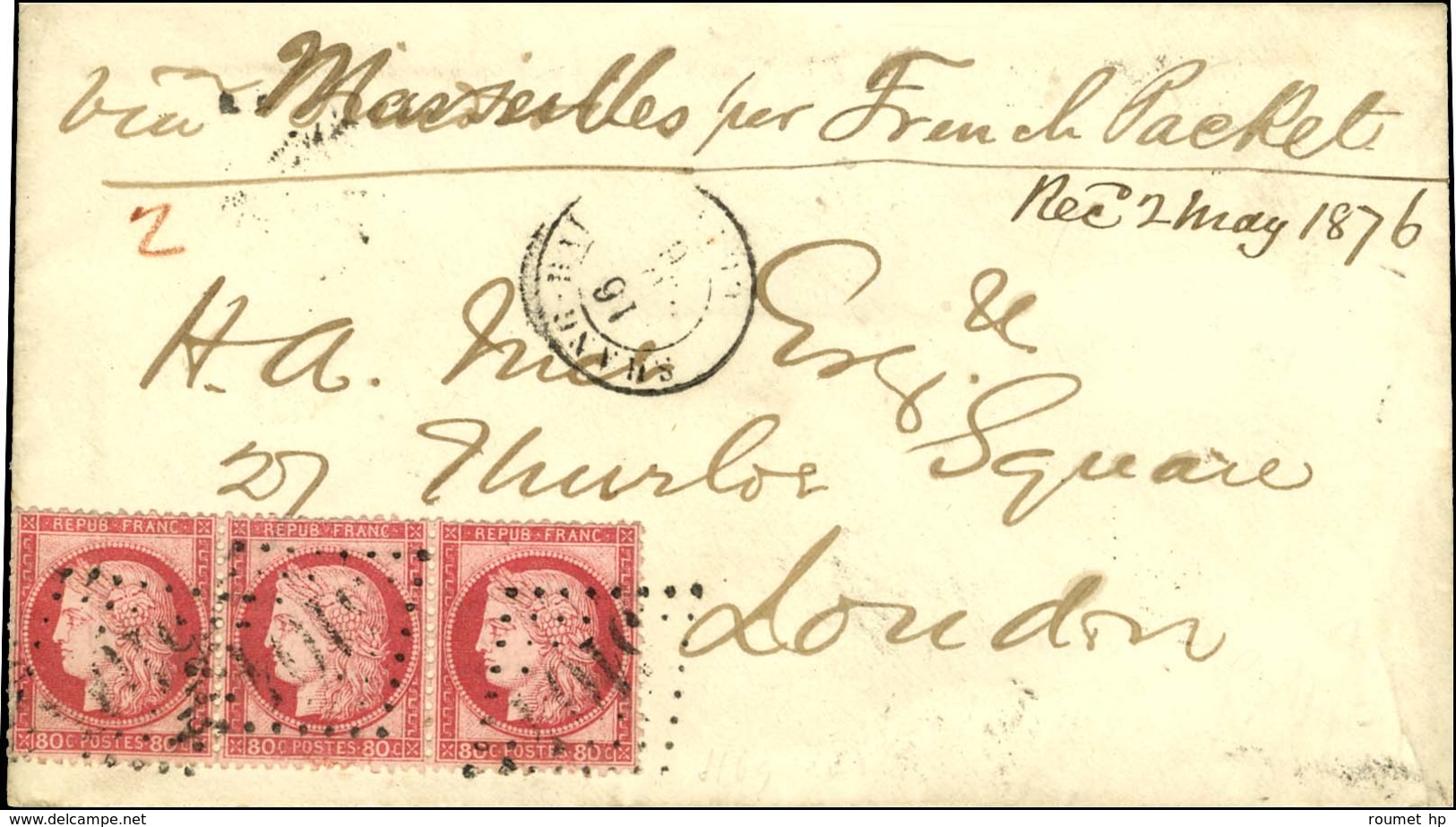 GC 5104 / N° 57 Bande De 3 Càd SHANG-HAI / CHINE Sur Lettre 2 Ports Pour Londres. 1876. - TB. - R. - Posta Marittima