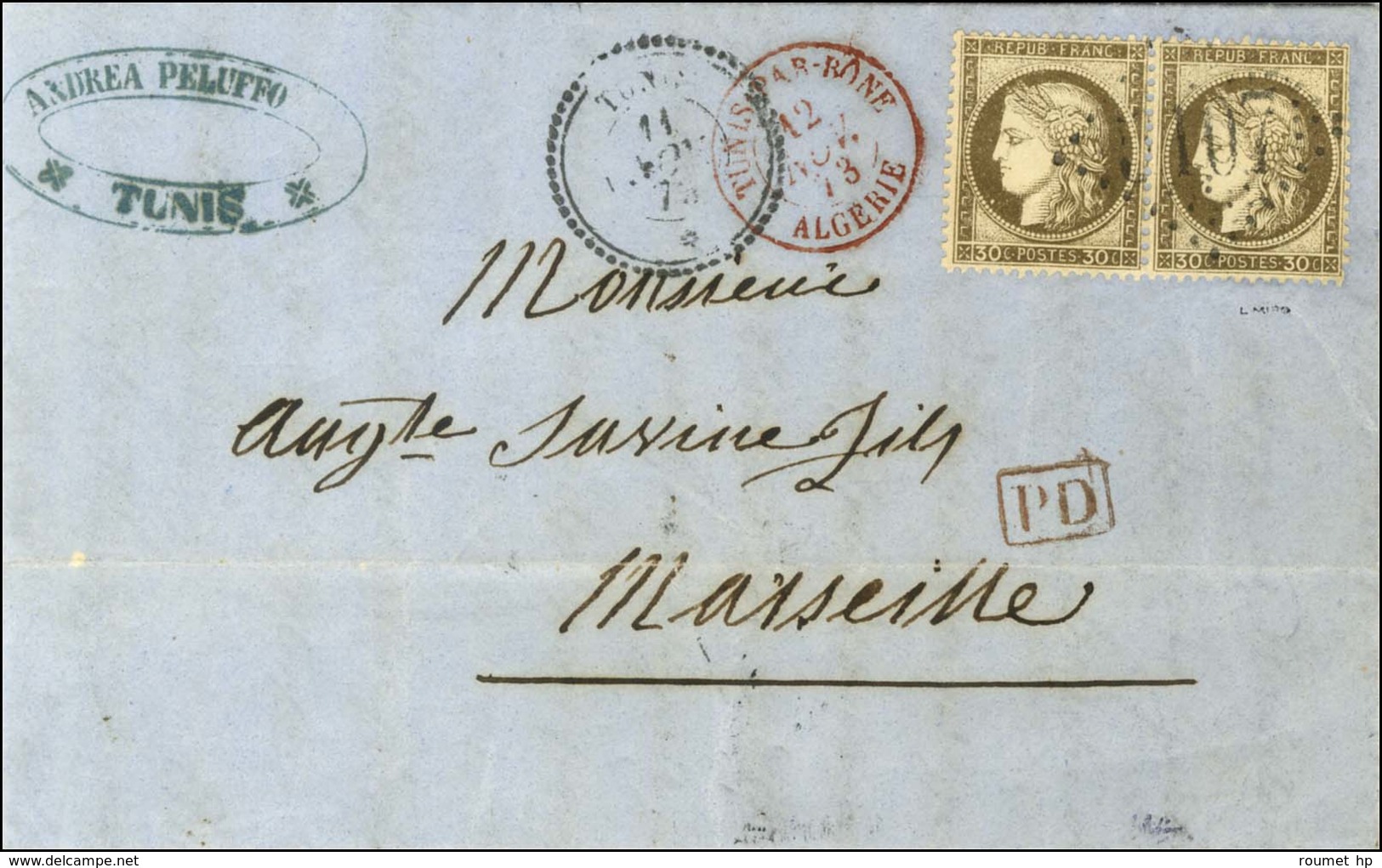GC 5107 / N° 56 Paire Càd TUNIS / * Sur Lettre Pour Marseille. 1873. - TB. - Posta Marittima