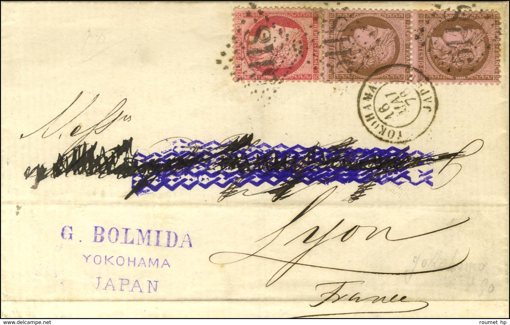 GC 5118 / N° 54 Paire + 57 Càd YOKOHAMA / JAPON Sur Lettre (adresse Partiellement Biffée) Pour Lyon. 1876. - TB. - R. - Maritime Post