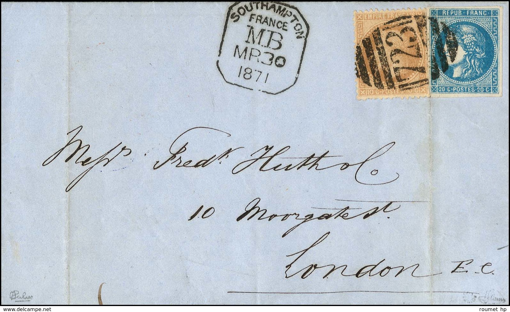 Killer 723 / N° 46 + 28 Cachet SOUTHAMPTON / MB Sur Lettre Du Havre Pour Londres. 1871. - TB / SUP. - R. - Posta Marittima