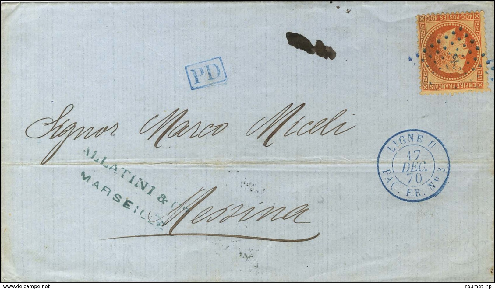 Ancre Bleue / N° 31 Càd Bleu LIGNE U / PAQ.FR. N° 3 Sur Lettre De Marseille Pour Messine. 1870. - TB / SUP. - Maritieme Post