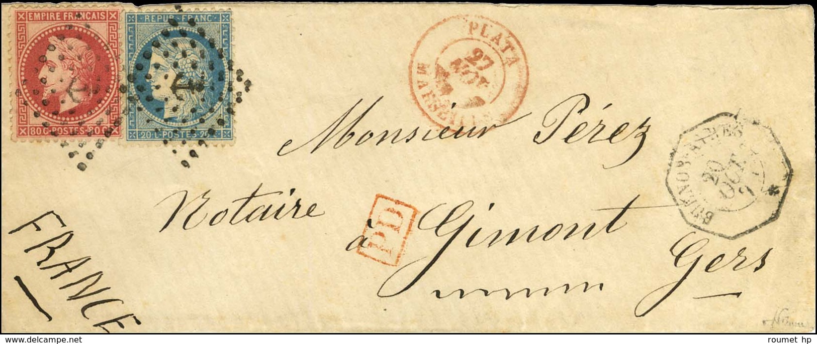 Ancre / N° 32 + 37 Càd Octo BUENOS AYRES / * Sur Lettre Pour Gimont. Au Recto, Càd Rouge PLATA / MARSEILLE. Exceptionnel - Correo Marítimo