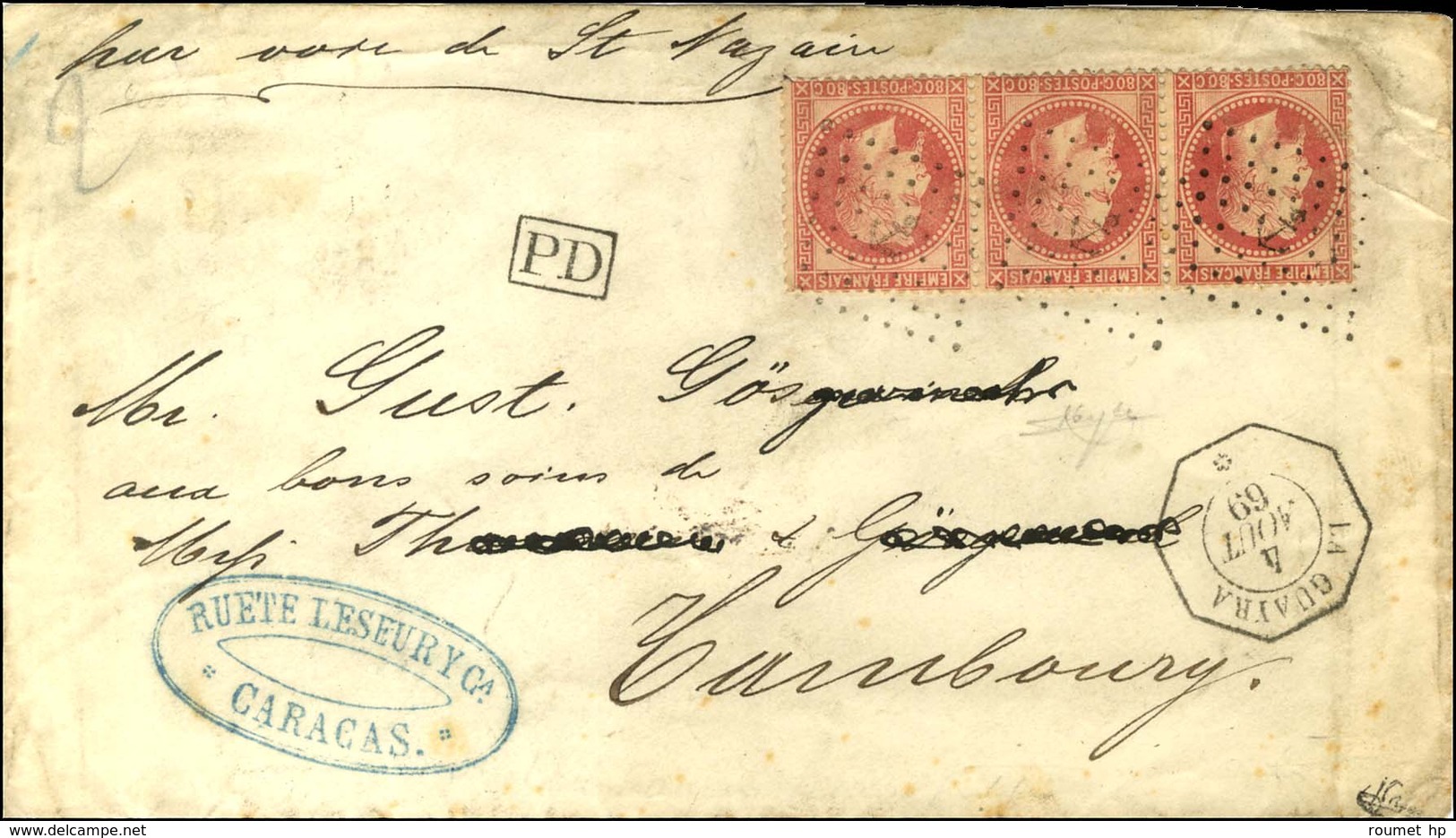 Ancre / N° 32 Bande De 3 Càd Octo LA GUAYRA / * Sur Lettre Pour Hambourg. 1869. - TB. - R. - Posta Marittima