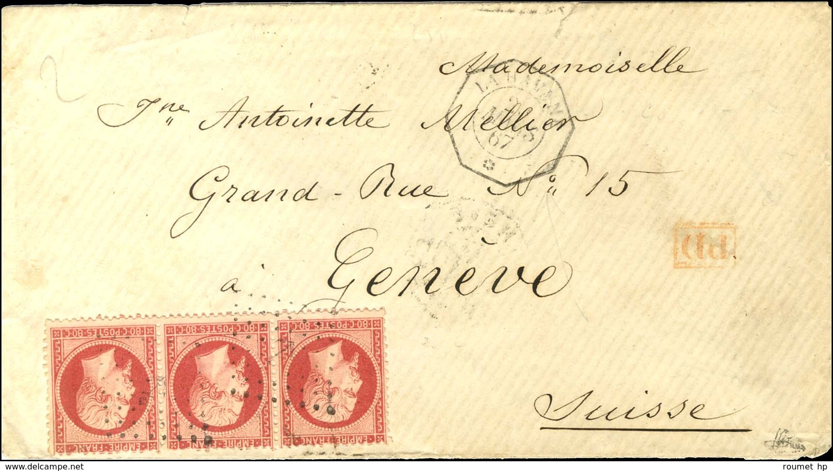 Ancre / N° 24 Bande De 3 Càd Octo LA HAVANE / * Sur Lettre 2 Ports Pour Genève. 1867. - TB. - R. - Maritime Post