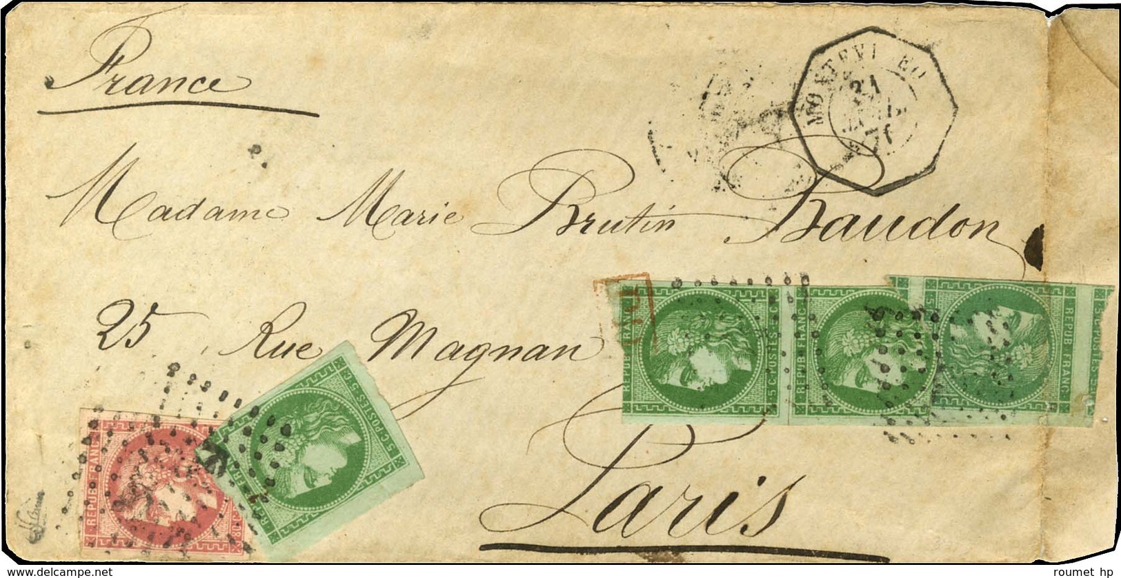 Ancre / N° 42 (4) (qq Defs) + 49 Càd Octo MONTEVIDEO Sur Lettre Pour Paris. Exceptionnel Affranchissement Composé. 1871. - Maritieme Post