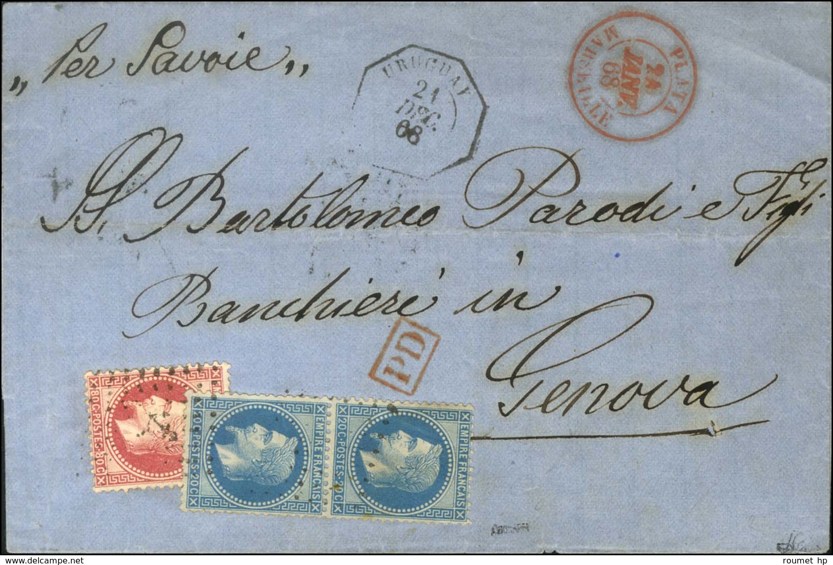 Ancre / N° 29 Paire + 32 Càd Octo URUGUAY Sur Lettre Pour Gênes. Au Recto, Càd Rouge D'entrée PLATA / MARSEILLE. 1868. - - Maritime Post