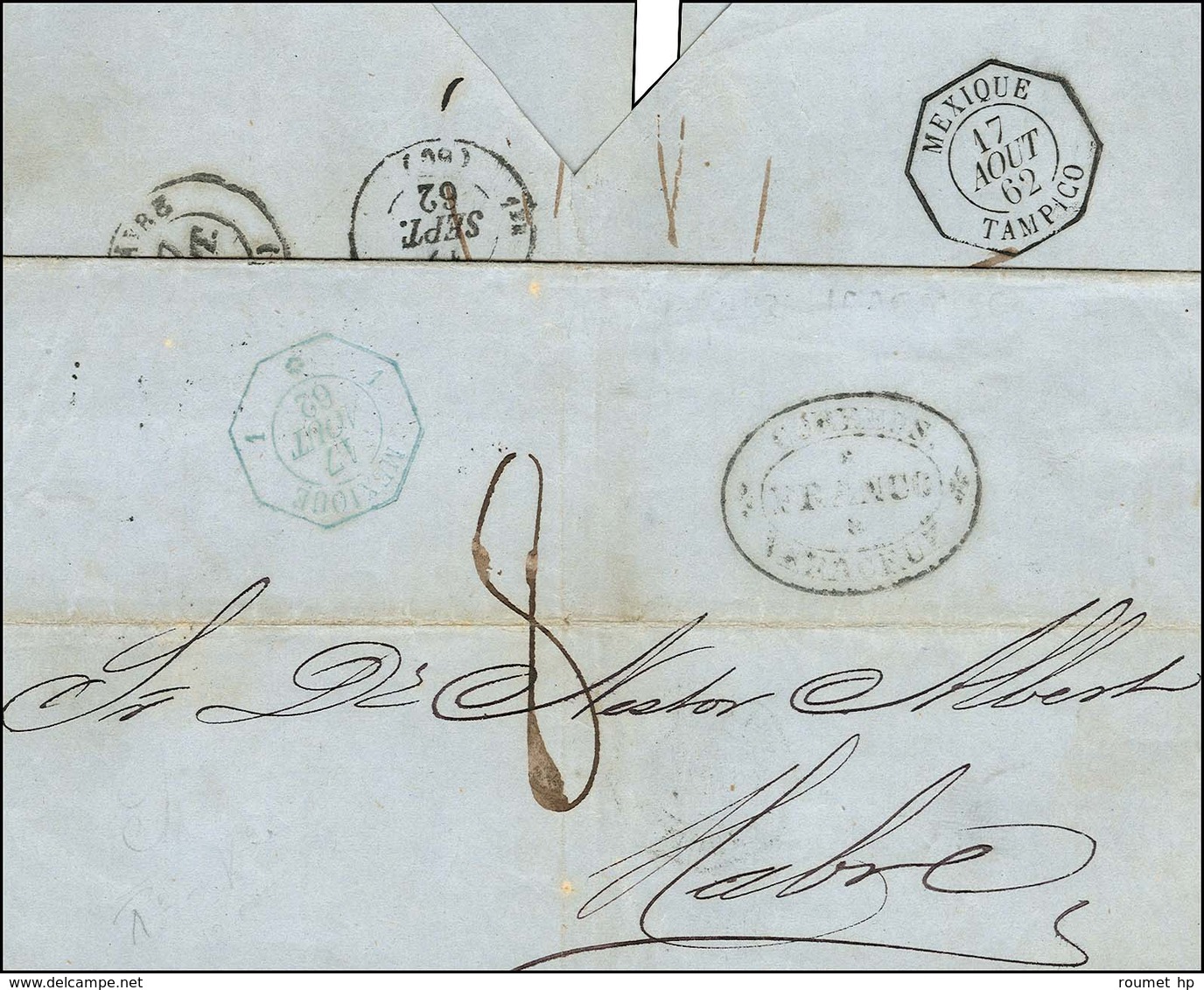 Càd Octo Bleu 1 MEXIQUE 1 * Sur Lettre De Vera Cruz Pour Le Havre, Au Verso Càd Octo MEXIQUE / TAMPICO. 1862. - TB / SUP - Correo Marítimo