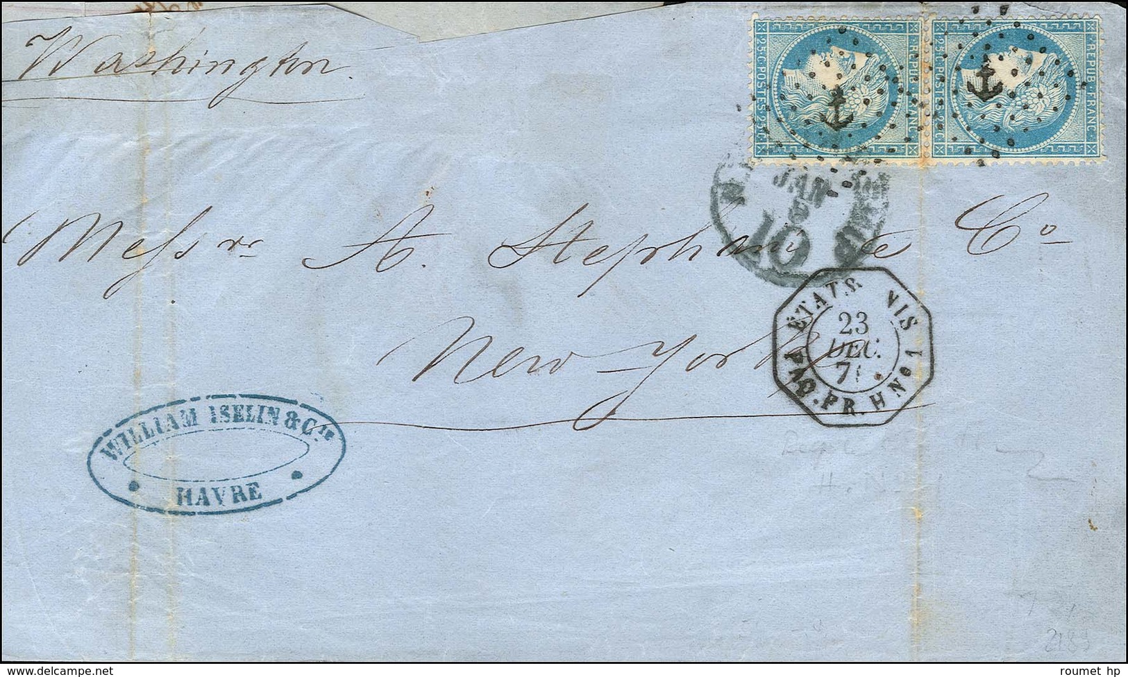 Losange Ancre / N° 60 Paire Càd ETATS-UNIS / PAQ. FR. H N° 1 Sur Lettre Pour New York. 1871. - TB. - RR. - Maritime Post