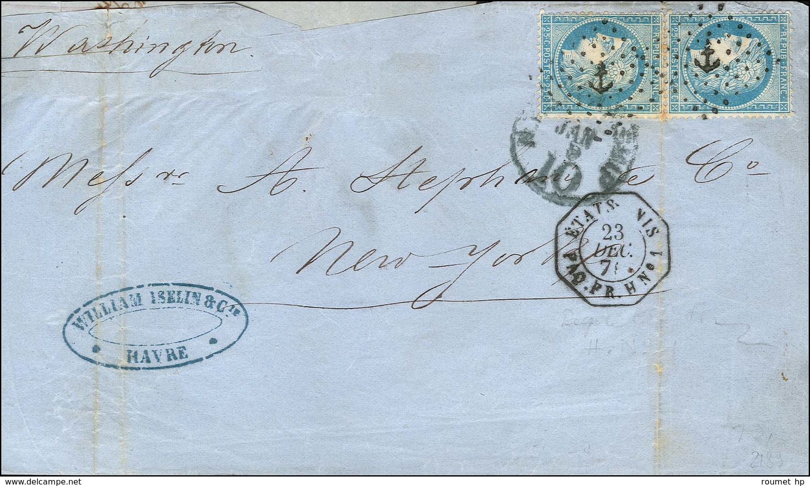 Losange Ancre / N° 60 Paire Càd ETATS-UNIS / PAQ. FR. H N° 1 Sur Lettre Pour New York. 1871. - TB. - RR. - Maritieme Post