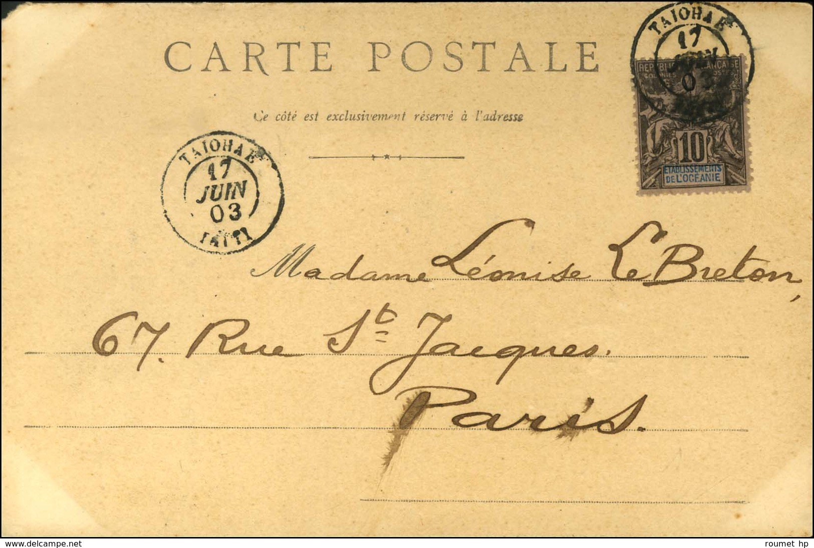 Càd TAIOHAE / TAITI / 10c Groupe Sur CP. 1903. - TB. - Posta Marittima