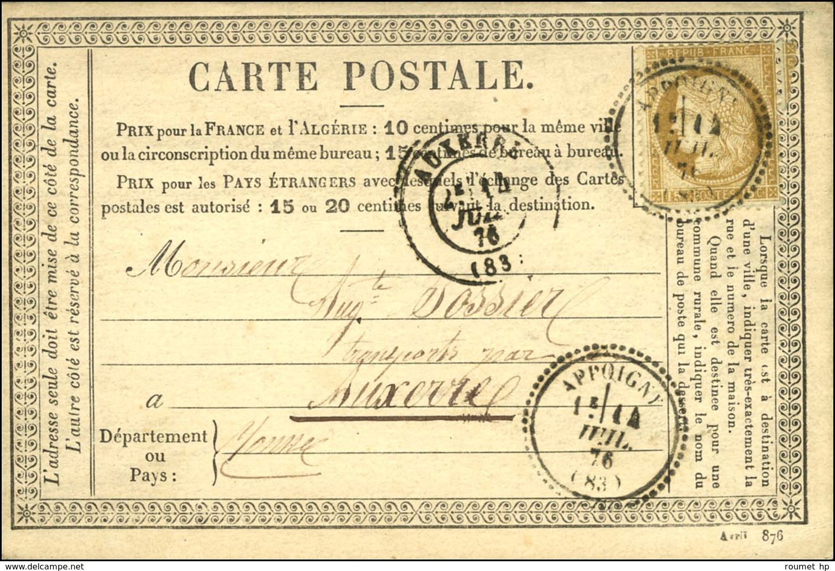 Càd APPOIGNY (83) / N° 55 Sur CP Pour Auxerre. 1876. - TB / SUP. - R. - Otros & Sin Clasificación