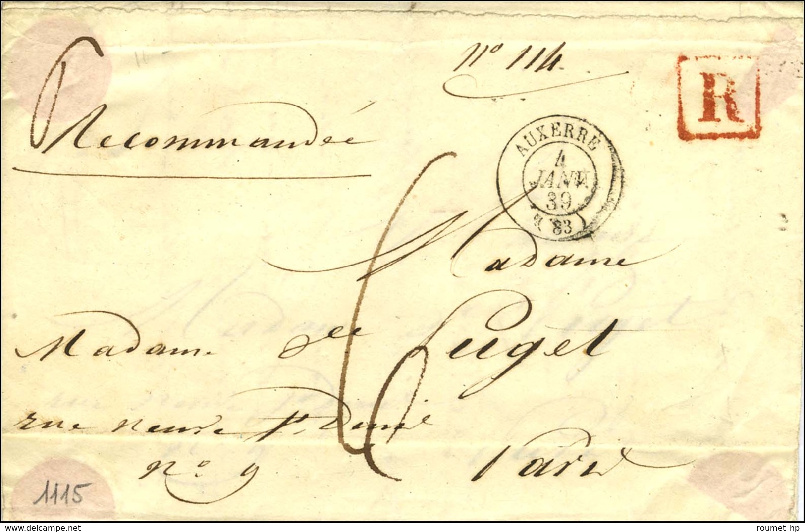 Càd T 15 AUXERRE (83) Sur Lettre Recommandée Pour Paris. 1839. - TB / SUP. - Sonstige & Ohne Zuordnung