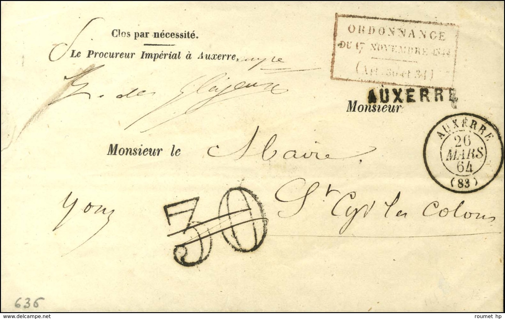 Càd T 15 AUXERRE (83) Taxe 30 DT Annulée + Cachet Rouge D'ordonnance. 1864. - SUP. - Sonstige & Ohne Zuordnung