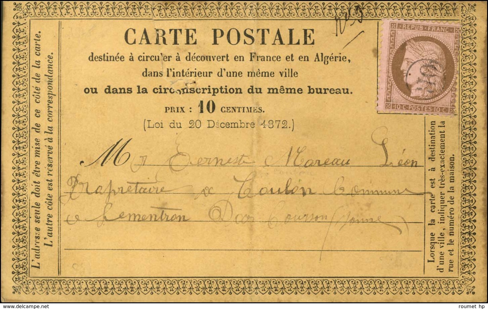 OR / N° 58 Sur Carte Avec Texte Daté Petits Millots Adressée Localement à Courson. 1875. - TB. - Other & Unclassified