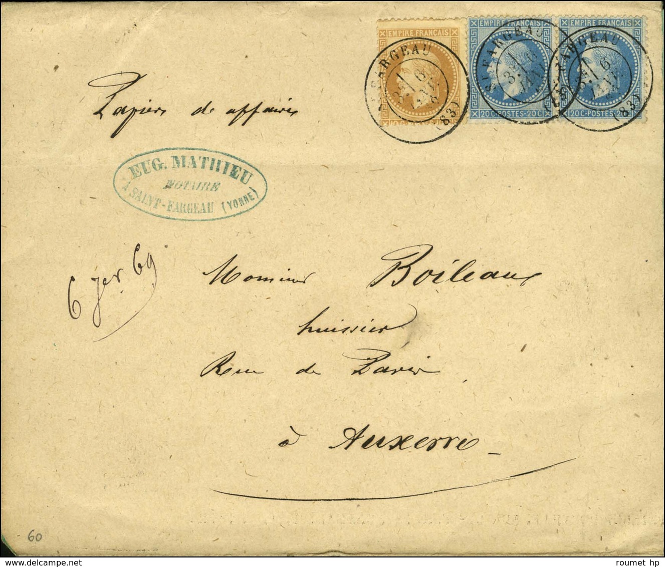 Càd T 17 St FARGEAU (83) / N° 28 + 29 Paire Sur Papiers D'affaires Pour Auxerre. 1869. - SUP. - Other & Unclassified