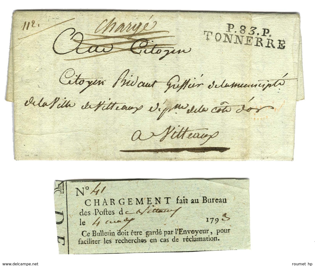P.83.P. / TONNERRE Sur Lettre Chargée (bordereau De Chargement Dans La Lettre) Avec Texte Daté 1793. - SUP. - Other & Unclassified