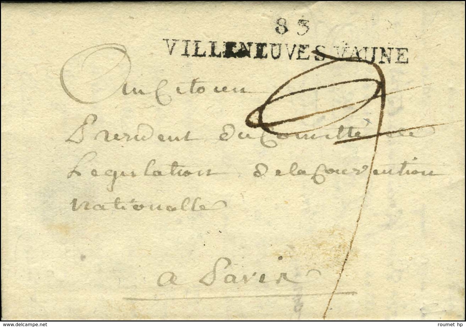 83 / VILLENEUVE S VAUNE (NR De Villeneuve L'Archevêque) Sur Lettre Avec Texte Daté Du 25 Germinal An 2. - SUP. - RR. - Other & Unclassified