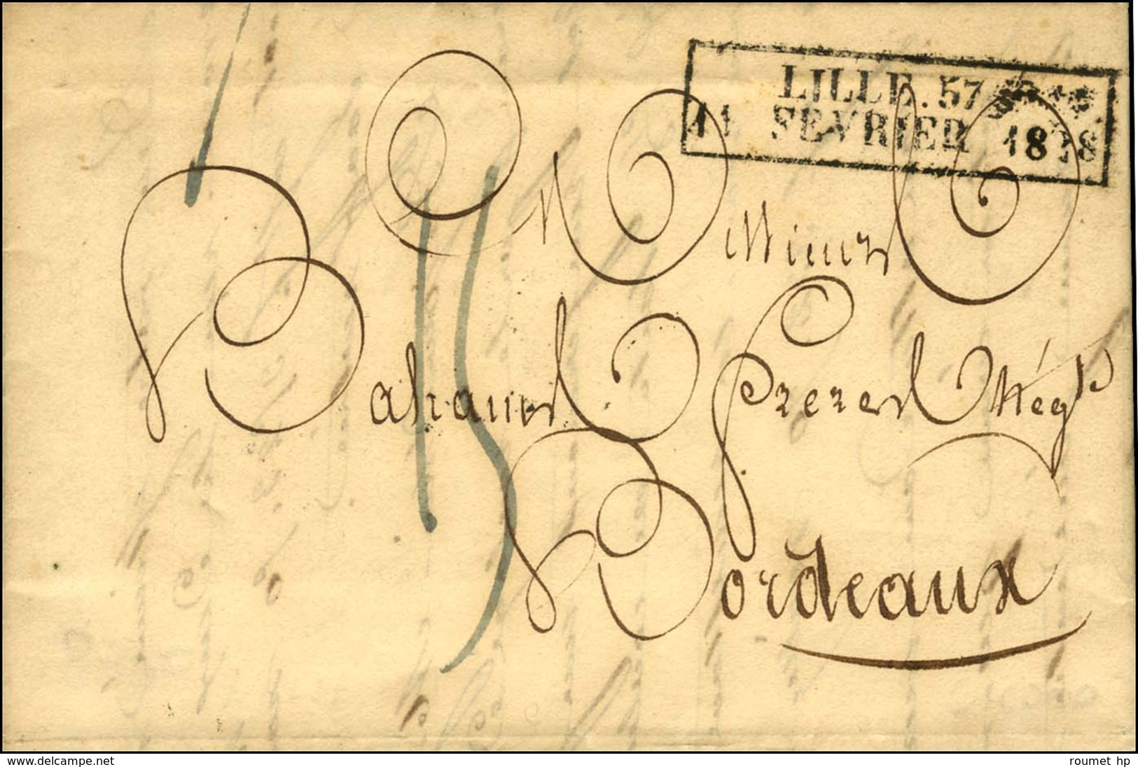 Cachet D'essai Encadré De Février 28 : LILLE 57 / 11 FEVRIER 1828 (Cote : 950). - TB. - R. - 1801-1848: Voorlopers XIX