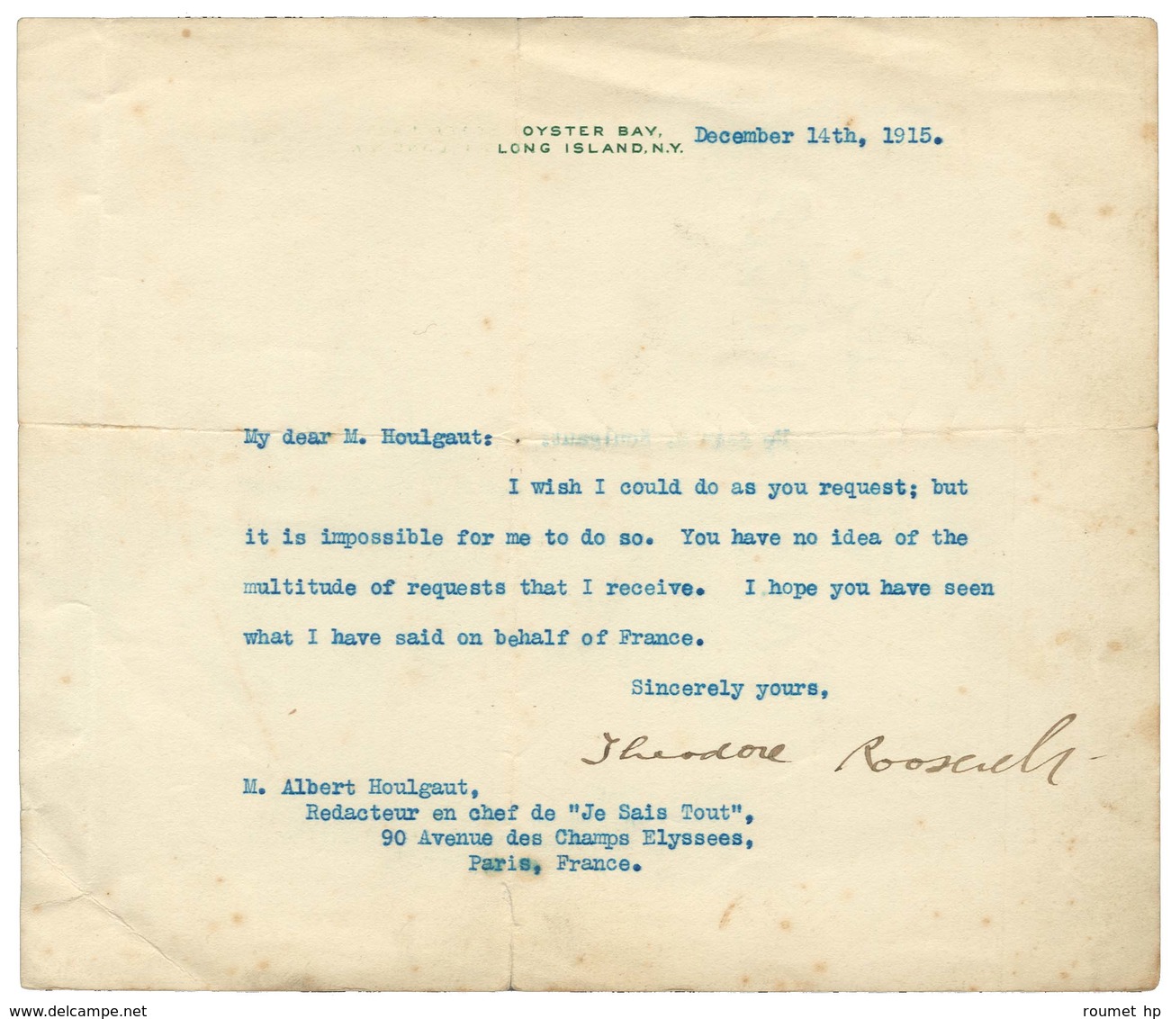 ROOSEVELT Théodore (1858-1919), 26e Président Des Etats-Unis (1901-1909). - Andere & Zonder Classificatie