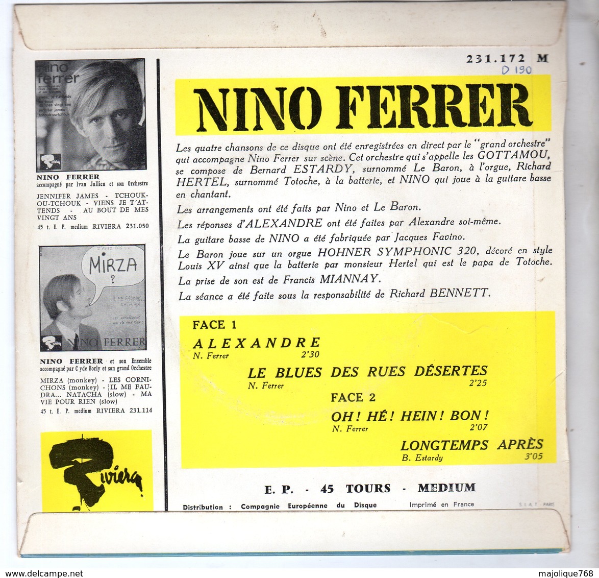 Disque De Nino Ferrer - Alexandre - Riviera 231.172 - 1966 - - Soul - R&B