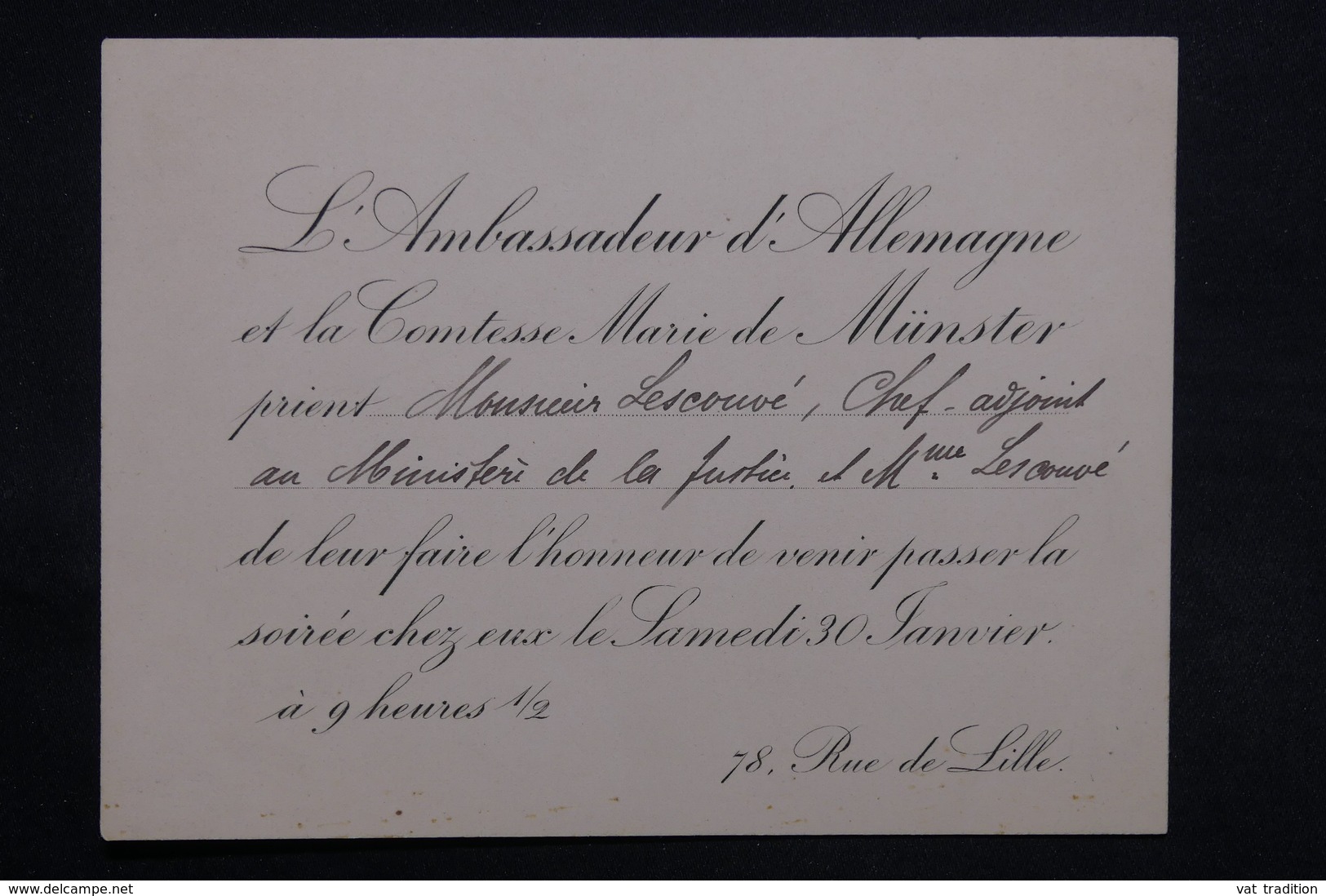 FRANCE - Carte D 'invitation Nominative De L 'Ambassadeur D 'Allemagne à Une Soirée - L 31188 - Autres & Non Classés