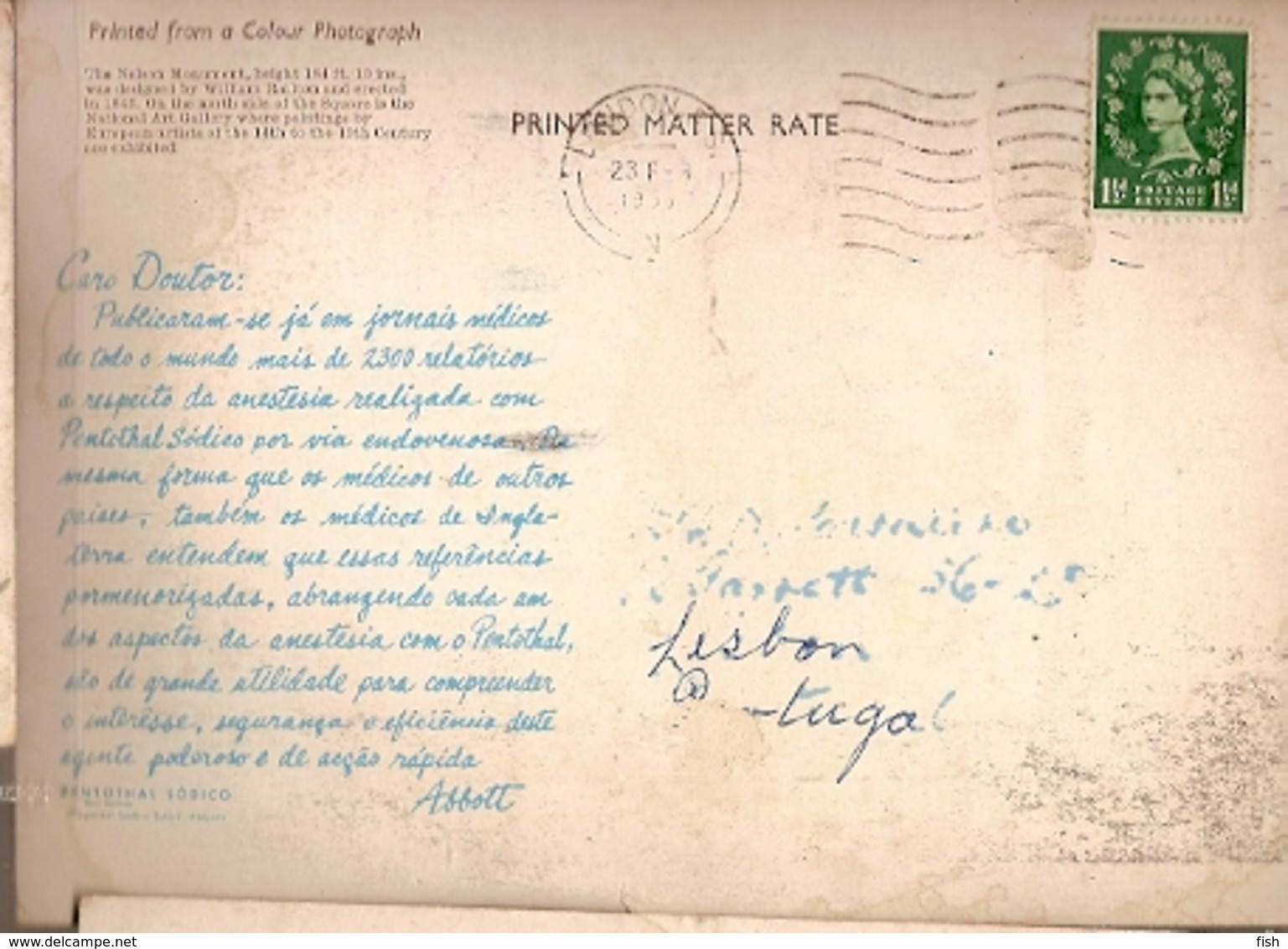 Great Britain & Marcofilia, Trafalgar Square, Pentotal Sódico, London To Lisboa Portugal 1966 (6868) - Lettres & Documents