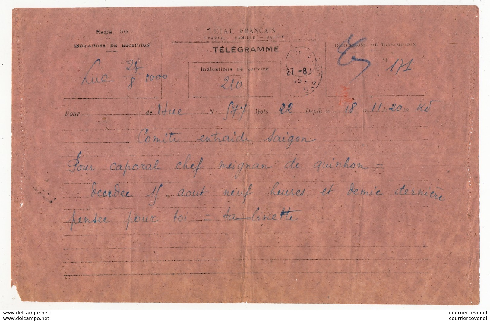 INDOCHINE - Télégramme Etat Français / Travail, Famille, Patrie / Radio 50 - Hué Pour Saïgon 1945 - Militaire Prisonnier - Lettres & Documents