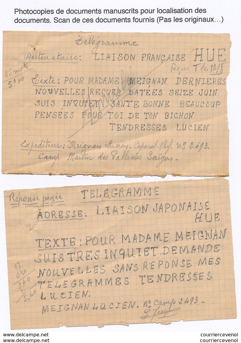 INDOCHINE - Télégramme Etat Français / Travail, Famille, Patrie / Radio 50 - Hué Pour Saïgon 1945 - Militaire Prisonnier - Lettres & Documents