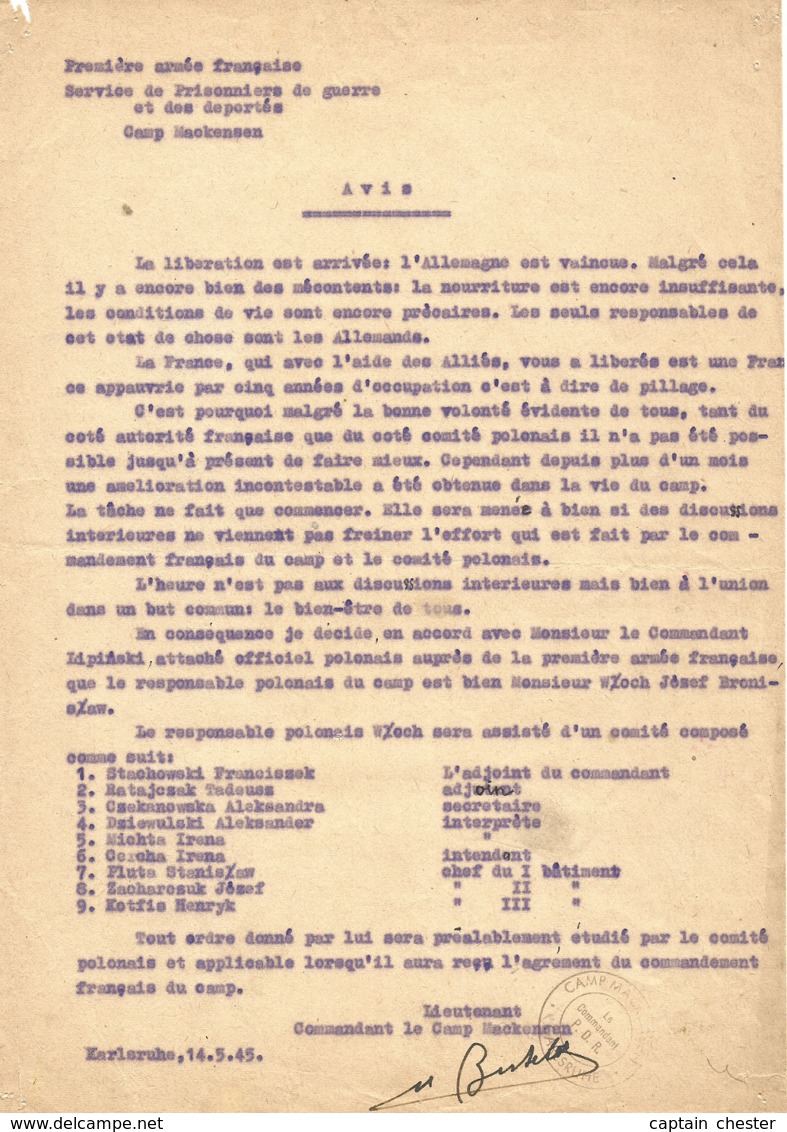 1ère Armée Française - Service Des Prisonniers De Guerre Et Des Déportés - Comité Polonais Camp Mackensen 1945 - Documents