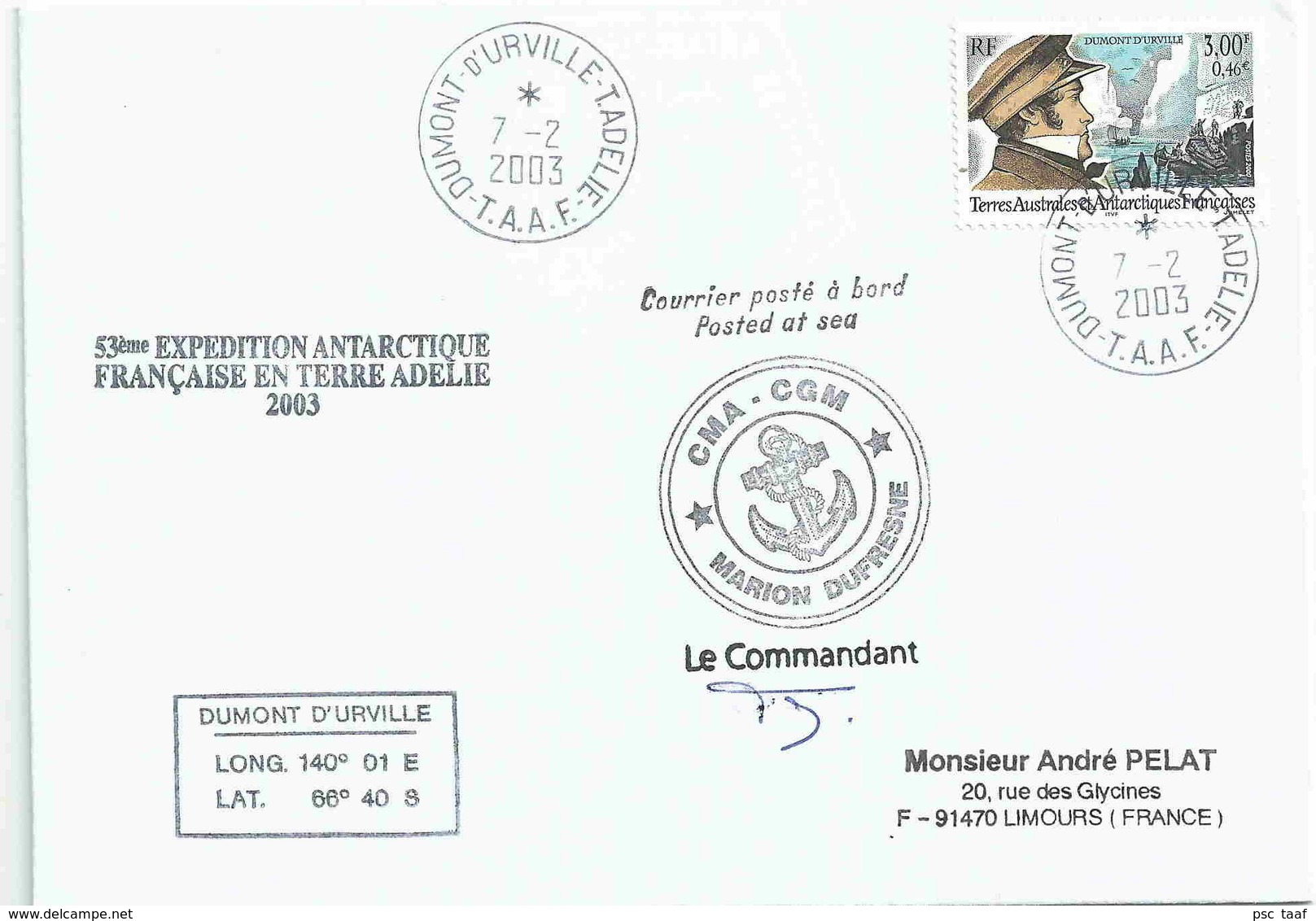 YT 274 - Dumont D'Urville - Lettre Postée à Bord Du MD - Terre Adélie - 07/02/2003 - Covers & Documents