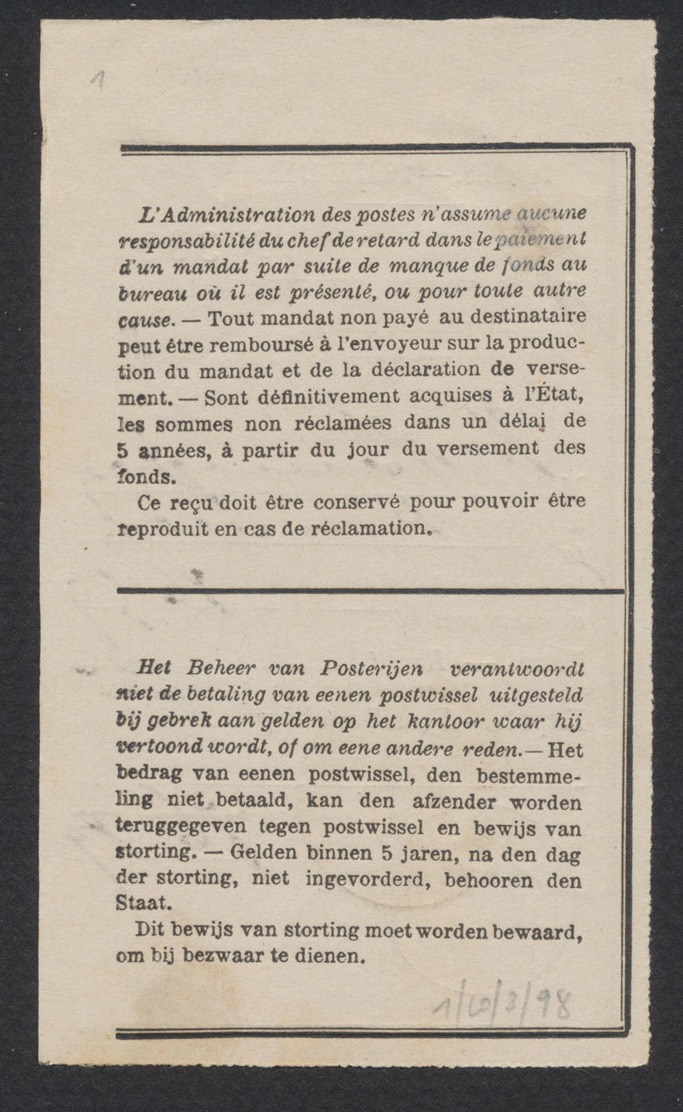 Document De La Poste - Récépissé De Versement + Obl Simple Cercle "Charleroi (Station) / Mandats" (1899). - Folletos De La Oficina De Correos